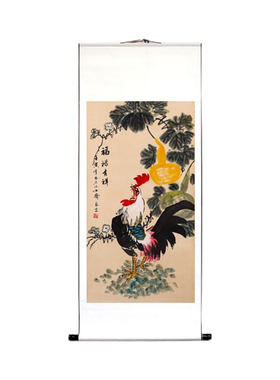 手绘公鸡大吉大利福禄卷轴画