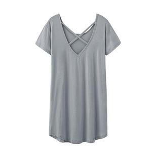 带胸垫莫代尔棉睡裙女夏季短袖中裙薄款性感睡衣露背交叉美背网红