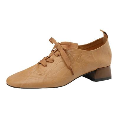 深口系带通勤德比鞋真皮中跟单鞋