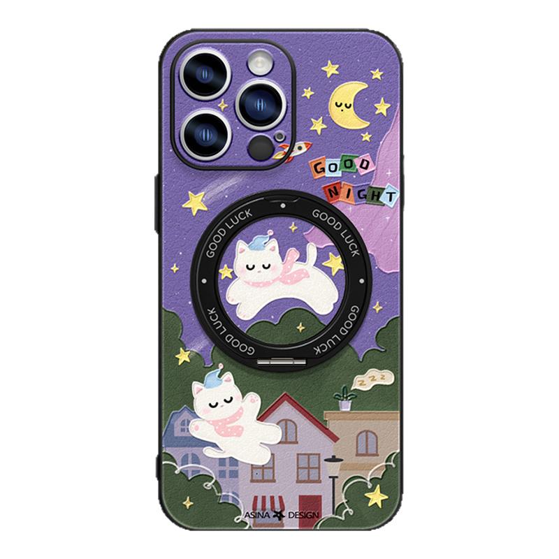 晚安小猫适用苹果17Promax手机壳新款ip15磁吸带支架iPhone16Pro保护套支点14高级感Ho3好看可爱的13pm女全包
