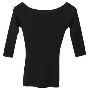 黑色一字领中袖上衣高级感露肩针织衫七分袖打底衫女内搭秋季毛衣