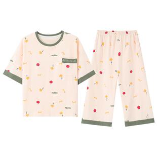 带胸垫一体睡衣女夏季短袖七分裤纯棉薄款韩版女装卡通家居服套装