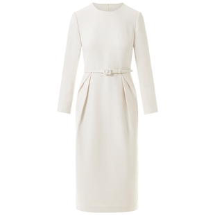 LANCY/朗姿早春新款高端法式收腰修身气质长袖中长连衣裙白色礼服