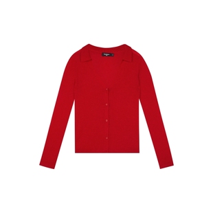 oneup修身翻领V领红色羊驼毛长袖针织衫女秋季慵懒薄款开衫外套