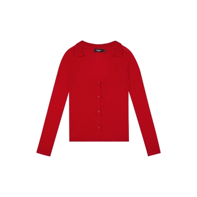 V领红色羊驼毛长袖针织衫