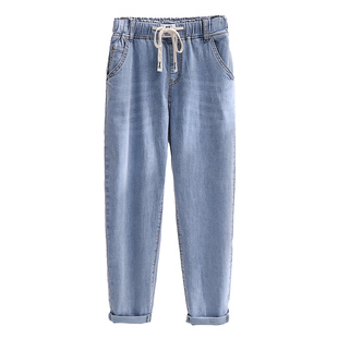 夏天薄款大码牛仔裤女松紧腰胖MM弹力哈伦裤200斤显瘦宽松九分裤