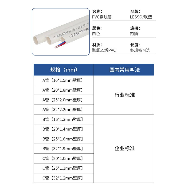 联塑pvc阻燃穿线管线管管道绝缘塑料管塑料a电线管管家装白色工程