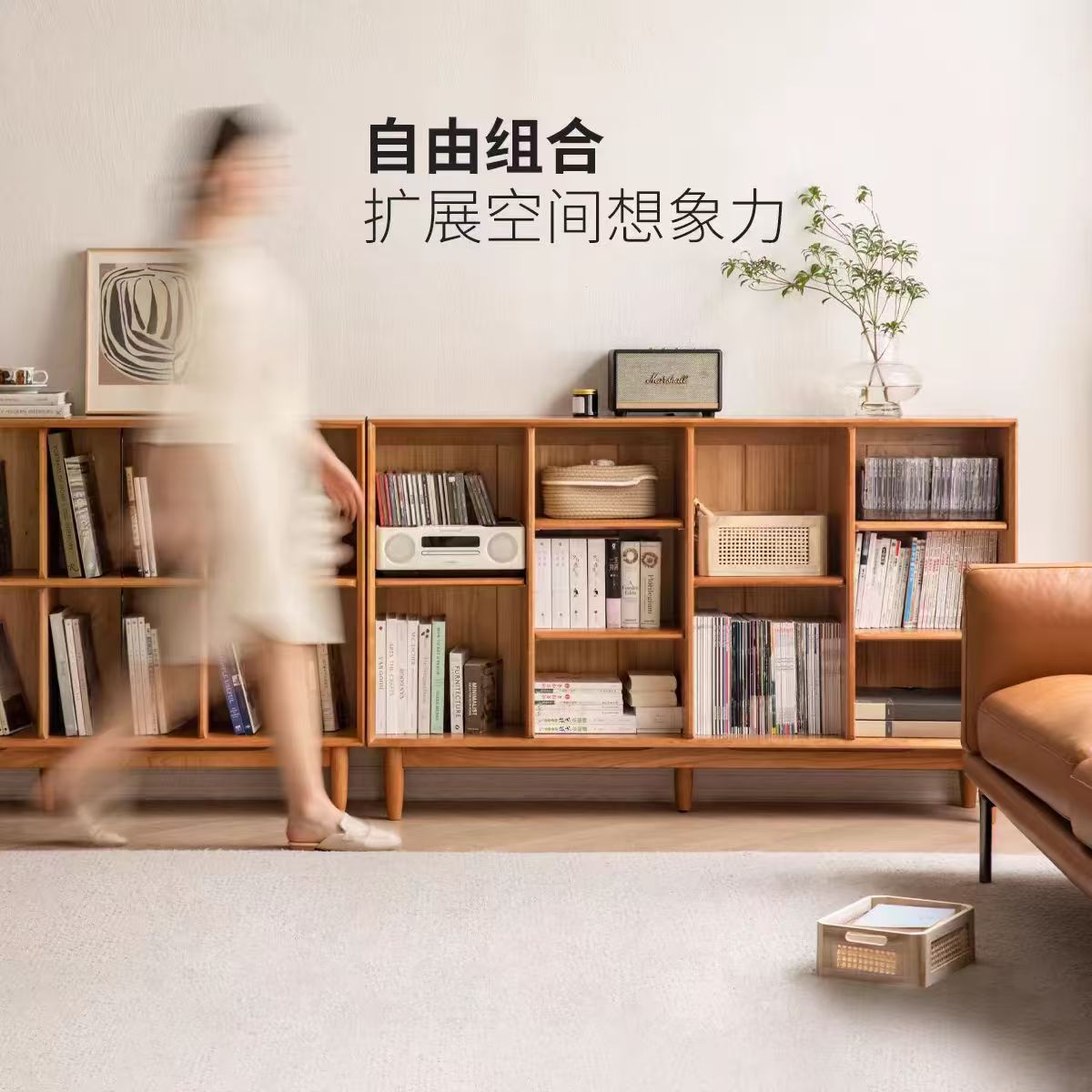 矮实木书柜靠墙一体置物书架客厅家用收纳格子柜落地储物柜子