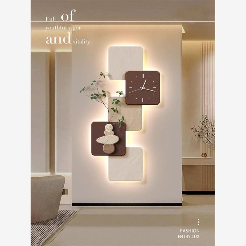 侘寂风玄关装饰画挂钟高级感走廊尽头壁灯画时来运转客厅挂画钟表