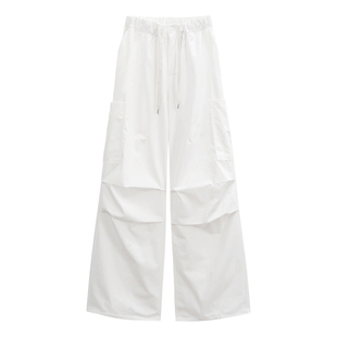 alex stevens薄款美式工装裤女夏季低腰抽绳白色宽松直筒休闲裤子