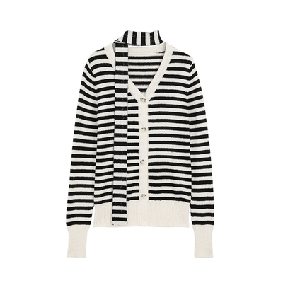 圈圈纱黑白条纹针织开衫女毛衣