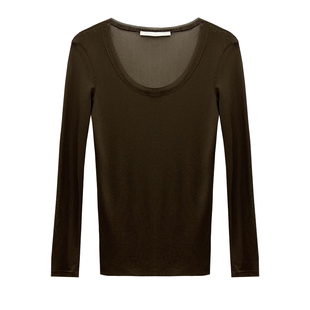 杏色打底衫女今年流行新款薄款内搭低领微透网纱长袖t恤u领上衣薄