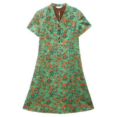 妙采真丝桑蚕丝绿色印花连衣裙