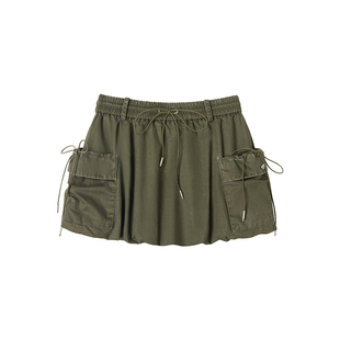 【玫瑰待放】Uena军绿色水洗做旧抽绳工装风短款A字花苞半身裙女