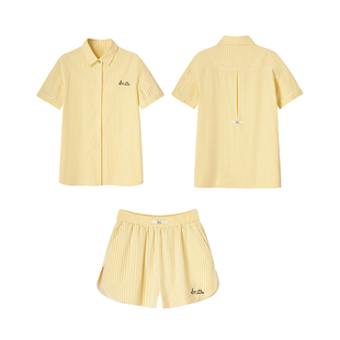 【冻柠海盐】Uena美式复古躺平猫刺绣黄色条纹衬衫休闲短裤套装女