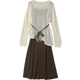 慵懒风镂空长袖罩衫针织衫+吊带背心裙两件套女2025早秋新款7010