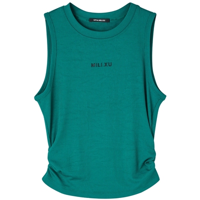 U/TI联名款森林绿色收腰吊带女抽褶背心休闲上衣尤缇2024夏季新款