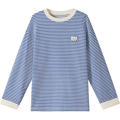 有兰海军条纹圆领拼接卫衣