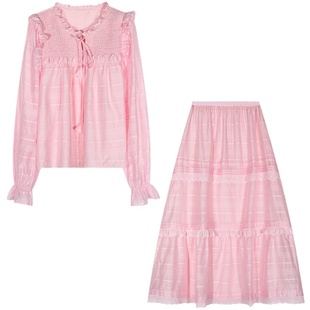 落落狷介夏装搭配一整套粉色套装裙女木耳边衬衫上衣小个子半身裙