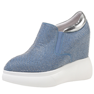 北西迪12CM内增高女鞋春百搭尖头厚底水钻真皮一脚蹬休闲松糕单鞋