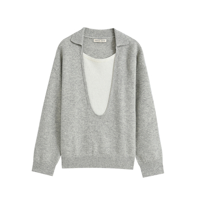 MELLOW SENSE休闲简约翻领撞色假两件高级感V领廓形针织衫