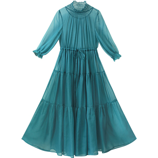 【158元区】夏新款复古立领收腰显瘦气质长裙长款雪纺轻熟连衣裙