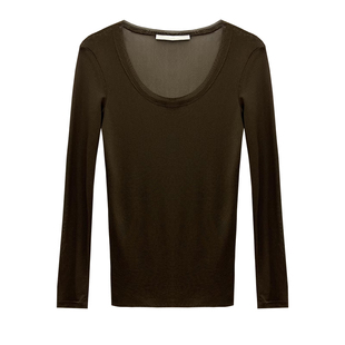 黑色打底衫女2025新款薄款高端高级感低领蕾丝u领网纱长袖t恤上衣