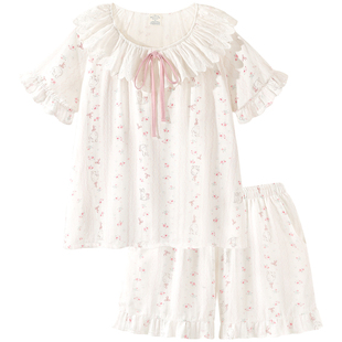 Pinksea睡衣女夏季超柔软A类棉纱纱布短袖碎花套装夏天薄款家居服