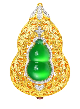 VISING珠宝天然绿玉髓葫芦吊坠黄金色卷草纹手工国风项链S925银