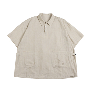 NOEARS米色细条纹宽松大码翻领衬衫男夏季短袖多口袋上衣日系复古