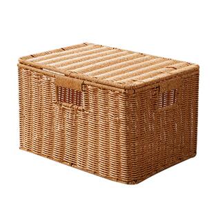 仿藤编带盖桌面零食收纳盒编织收纳筐整理储物收纳箱翻盖收纳篮