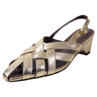 小众设计 Literary牛皮真皮编织镂空坡跟凉鞋女方头罗马风气质鞋