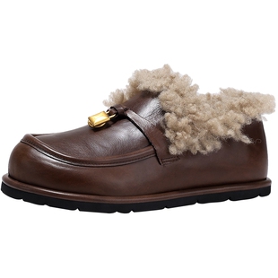 BellaLily新款加绒加厚毛毛鞋女冬外穿金属乐福鞋舒适小皮鞋