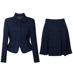 罗衣法式贵气小香风一整套套装蓝色外套两件套半身短裙套裙12834