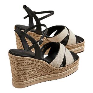 MILLIE'S/妙丽夏新款草编坡跟女凉鞋露趾防滑高跟鞋厚底松糕女鞋