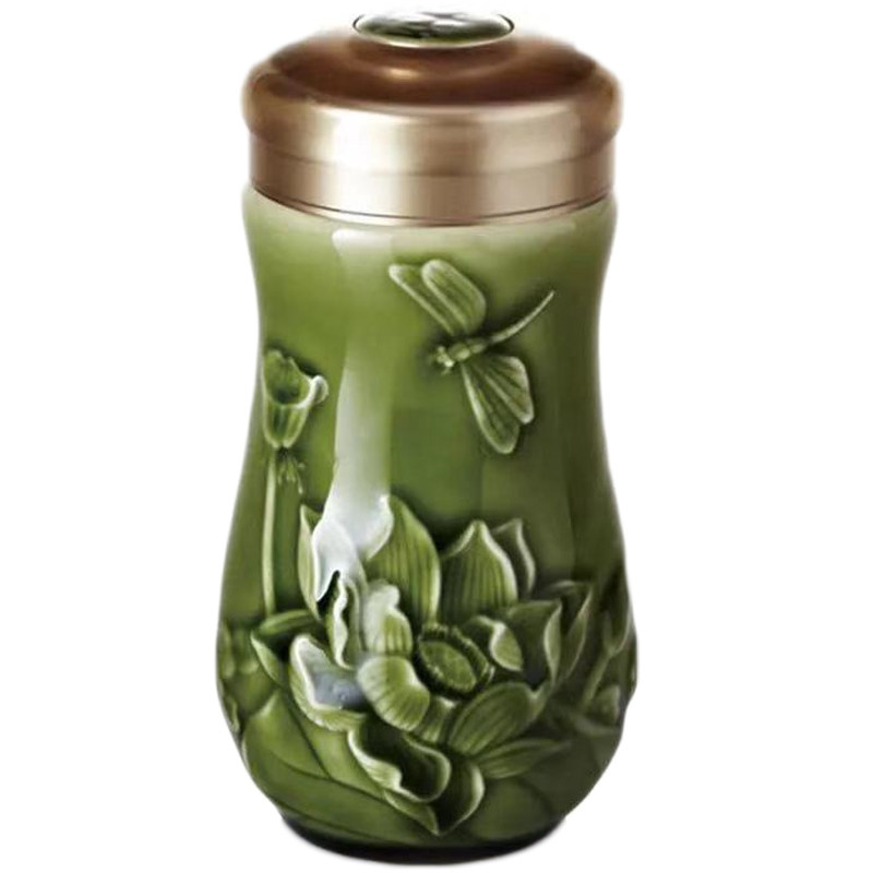 乾唐轩活瓷杯小蜻蜓夏荷单层随身杯高颜值水杯女茶杯陶瓷杯送人