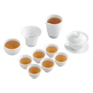 叁旬手绘远山盖碗套装简约家用客厅陶瓷喝茶轻奢高档功夫茶艺茶具