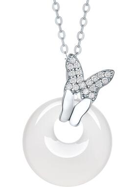 六桂福玉蝶流光白玉髓项链925银