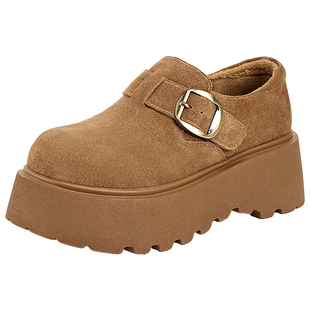 千百度厚底加绒勃肯鞋女冬季2025新款百搭休闲单鞋小个子乐福棉鞋