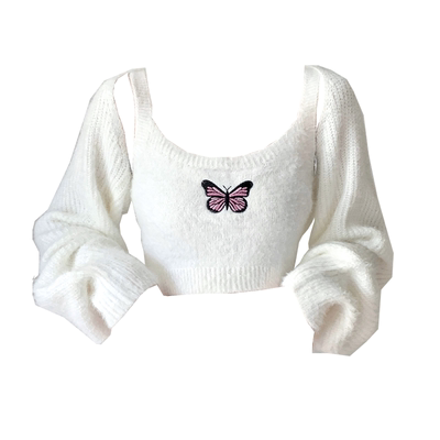 蝴蝶刺绣针织背心开衫两件套早秋新款毛茸茸灯笼袖针织衫白色毛衣