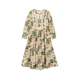 一城画一新款高腰文艺通勤气质时尚收腰长款连衣裙绿花