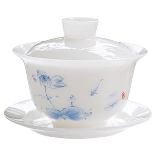 高端150ml冰种陶瓷盖碗白瓷青花荷花鱼纹茶具敬茶璞玉家用泡茶碗