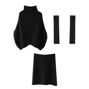 HAMYIHO 汉南洞欧尼韩系蝙蝠袖罩衫女套装带袖套高领毛衣上衣半裙