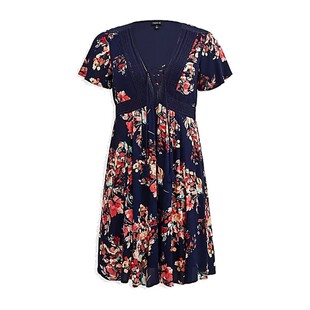 Plus Size Lace-Up Skater Dress大码高腰蕾丝性感系带A字连衣裙