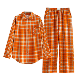 悦内睡衣女春秋款秋季纯棉长袖家居服休闲大码彩色纽扣开衫可外穿