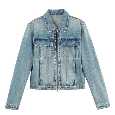 FSG拼皮毛破洞洗水蓝牛仔夹克