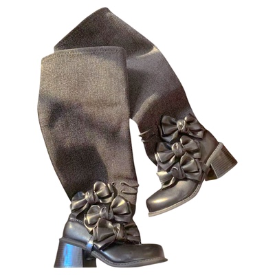 蝴蝶结绑带牛仔拼接甜酷风中筒靴