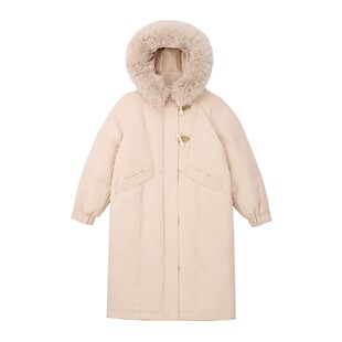 2025年冬季新款牛角扣学院纯色大口袋毛领连帽羽绒服中长款外套女