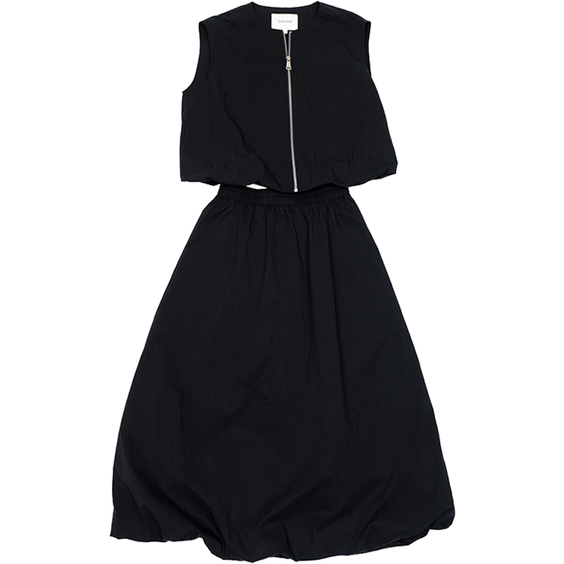 oo&vv黑色工装风休闲马甲+伞裙时尚套装女2025秋宽松半身裙2件套