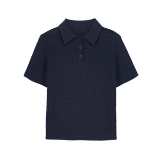 逸阳polo领短袖针织衫女2026春新款天丝亚麻绞花短款显瘦打底上衣